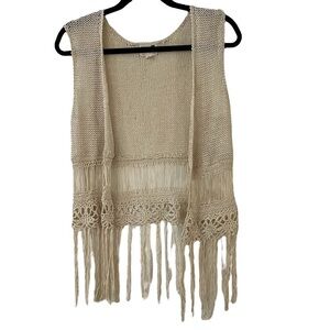 LA Hearts Ivory Fringe Crochet Vest, Size S